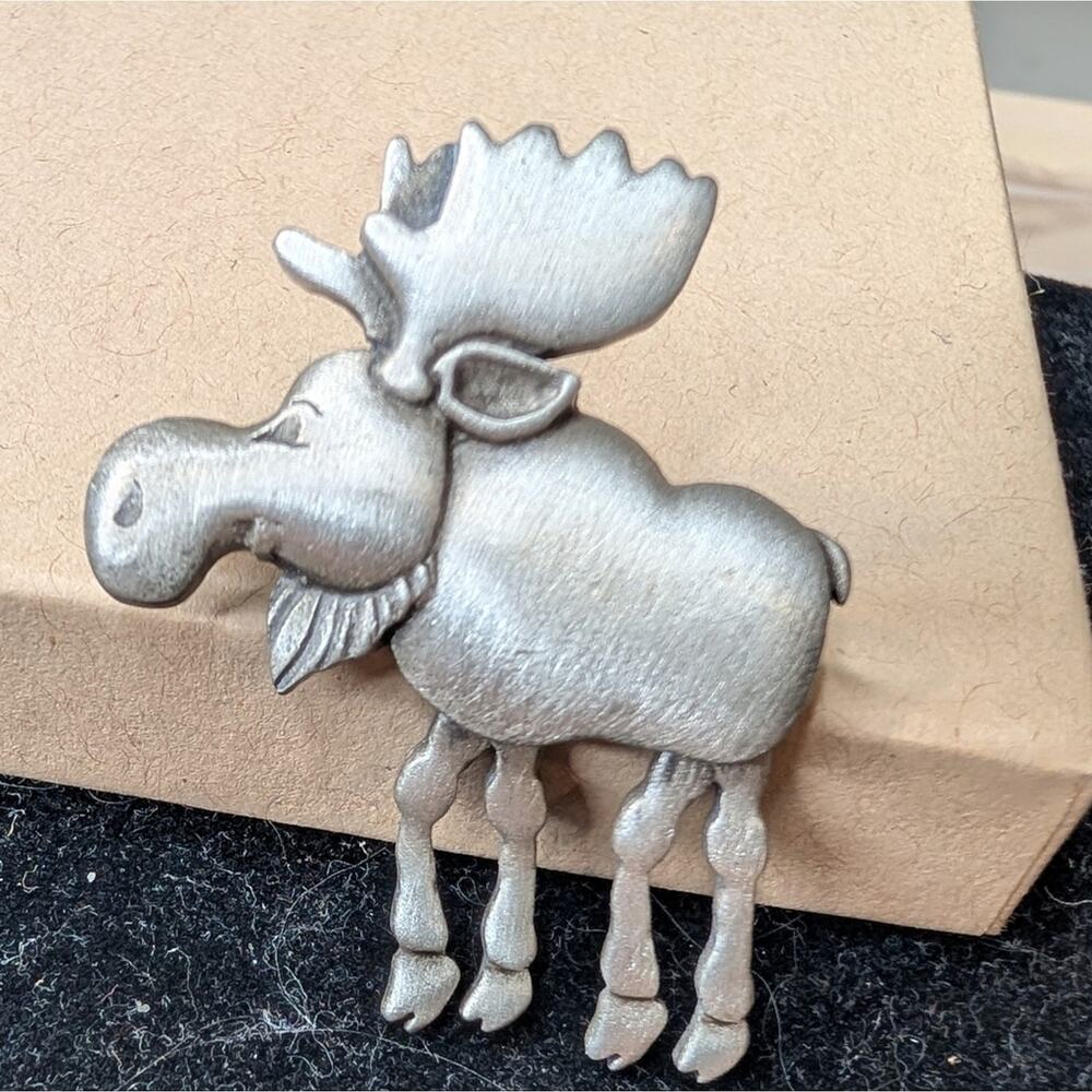 Whimsical Moose Brooch Pin | Silver Tone Dangling Legs | Fun Animal Pin